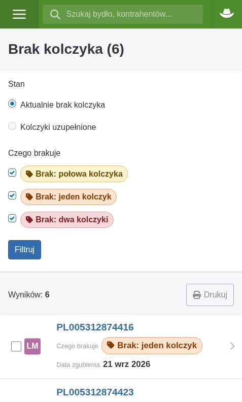 Lista sztuk z brakującym kolczykiem w aplikacji