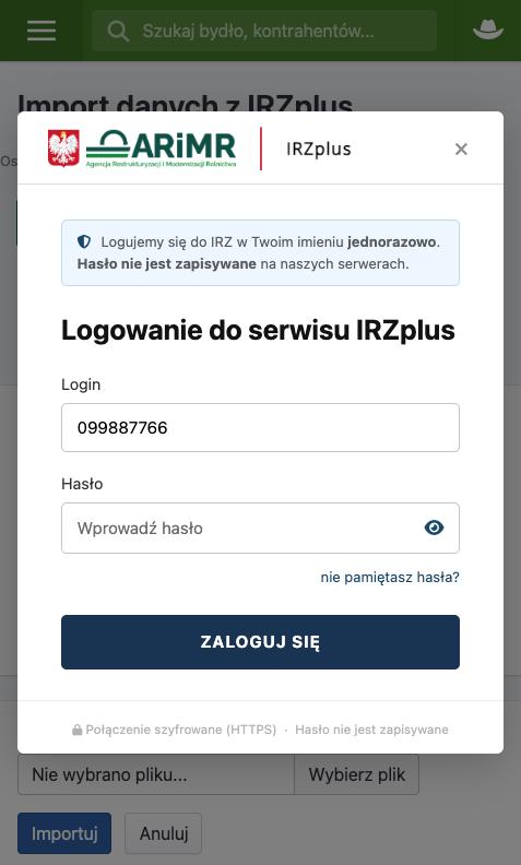 Logowanie do ARiMR IRZplus w aplikacji