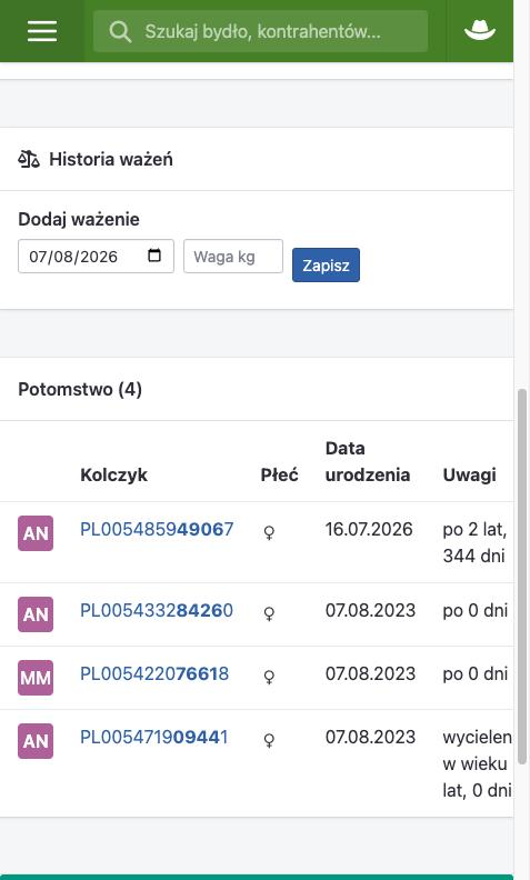 Karta pojedynczej sztuki z listą potomstwa
