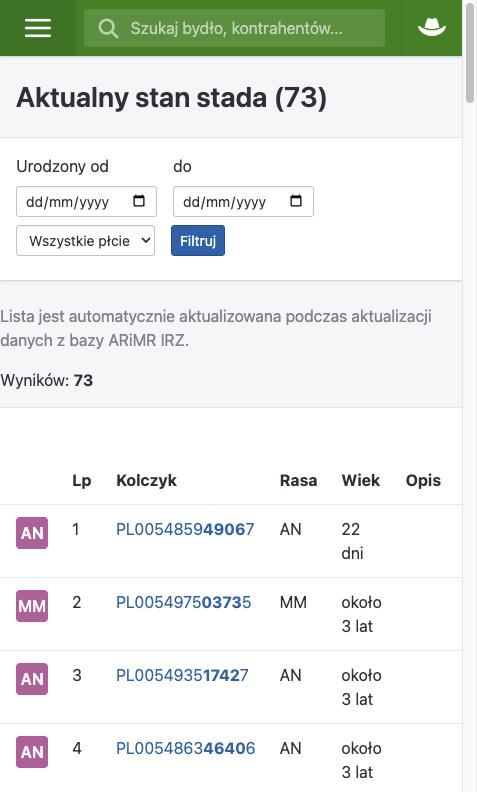 Lista zwierząt w aplikacji SprzedamByka.pl na telefonie