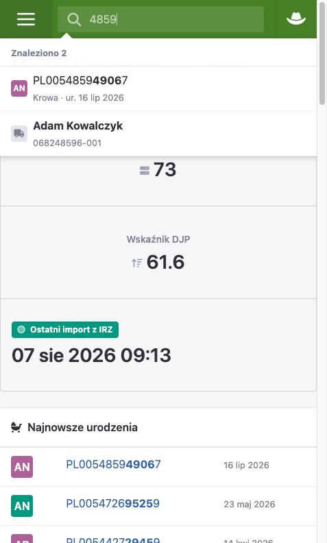 Wyszukiwanie bydła i kontrahentów po numerze kolczyka