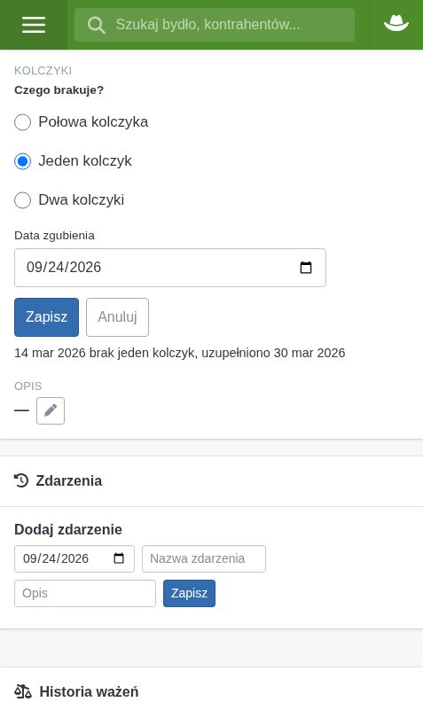 Formularz „Dodaj brak kolczyka” na karcie sztuki: wybór czego brakuje i data zgubienia
