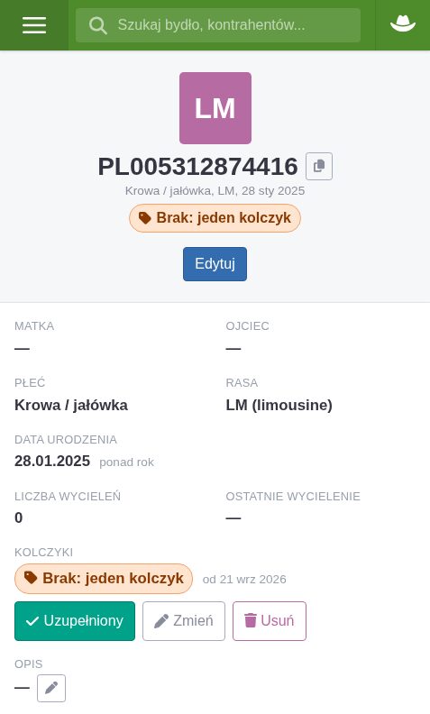 Karta sztuki z etykietą „Brak: jeden kolczyk” i przyciskami Uzupełniony, Zmień, Usuń