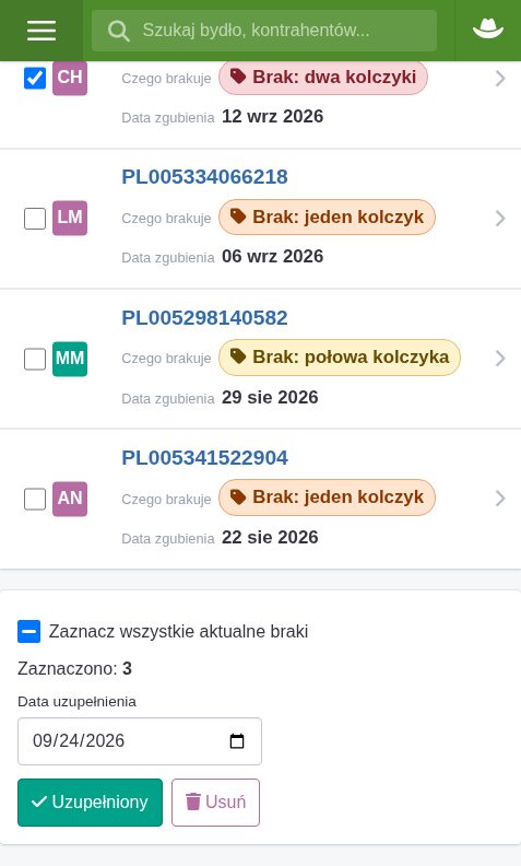 Zbiorcze oznaczanie zaznaczonych sztuk jako uzupełnione z datą uzupełnienia