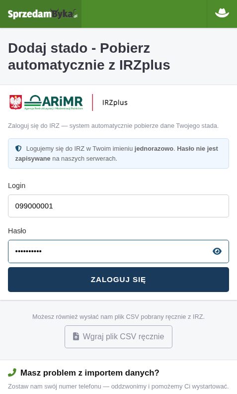 Formularz logowania do ARiMR IRZplus w aplikacji SprzedamByka: login i hasło