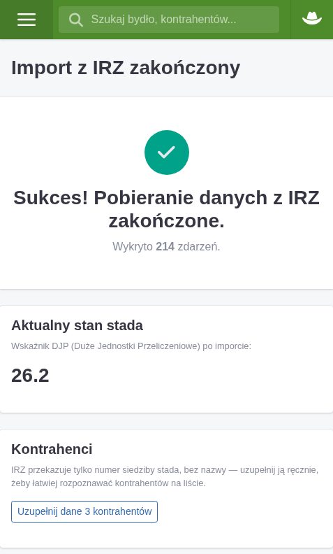 Ekran po imporcie z IRZ: liczba pobranych zdarzeń, wskaźnik DJP i kontrahenci do uzupełnienia