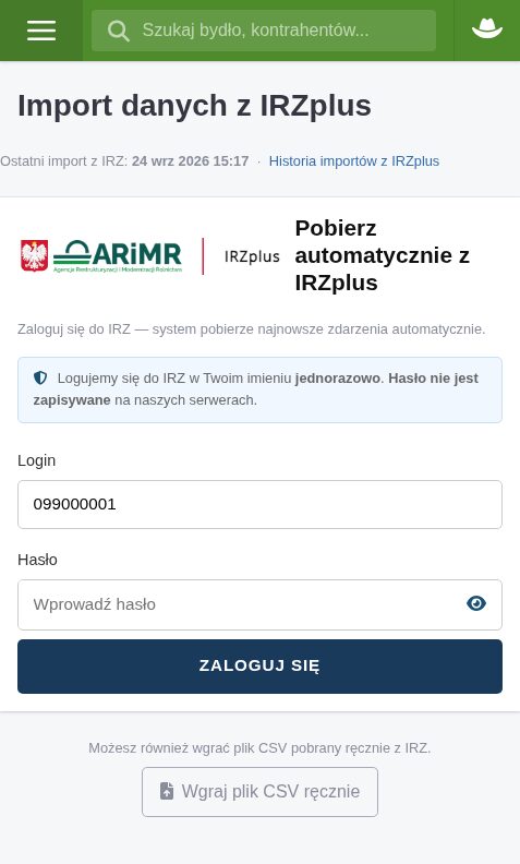 Import danych z IRZplus: data ostatniego importu i formularz z wpisanym loginem