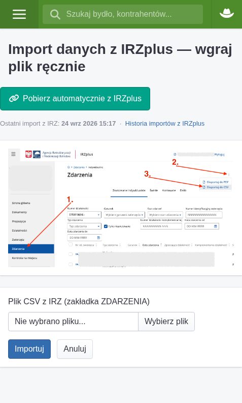Ręczne wgrywanie pliku CSV z zakładki Zdarzenia w IRZplus, z instrukcją eksportu