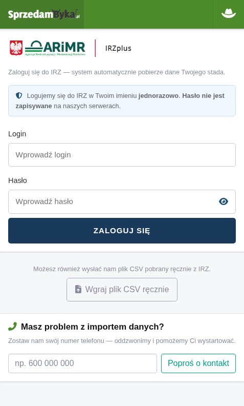 Formularz „Masz problem z importem danych?” z polem na numer telefonu