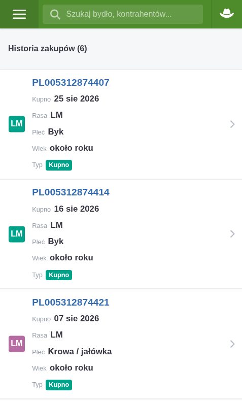 Historia zakupów od kontrahenta: numer kolczyka, data kupna, rasa, płeć, wiek