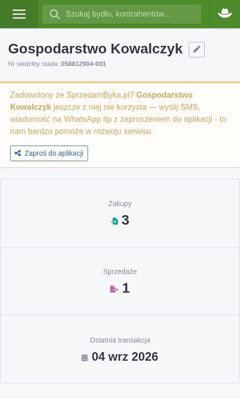 Karta kontrahenta z zachętą do zaproszenia go do SprzedamByka i przyciskiem „Zaproś do aplikacji”