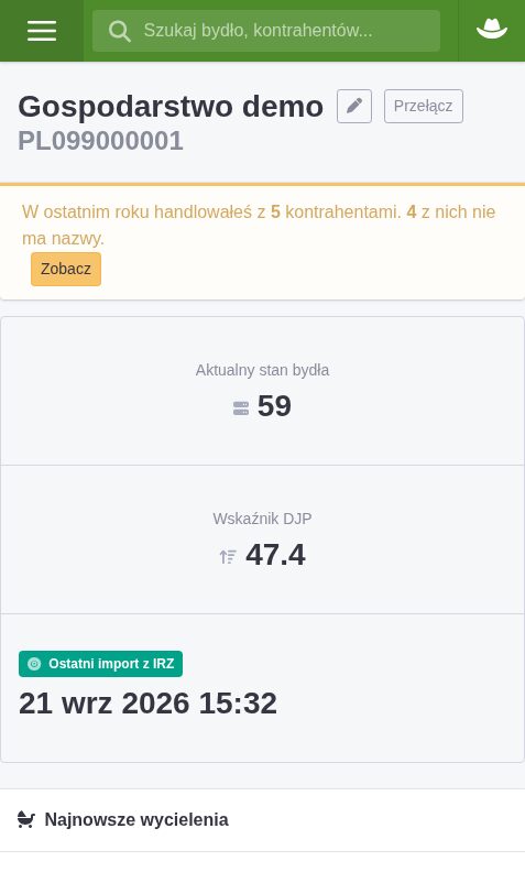 Pulpit: aktualny stan bydła, wskaźnik DJP, data ostatniego importu z IRZ i przypomnienie o kontrahentach bez nazwy