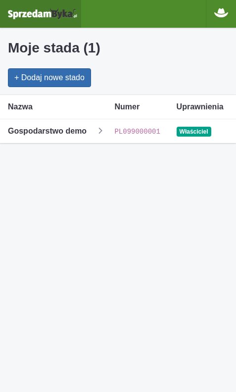 Lista gospodarstw użytkownika z przyciskiem dodania nowego stada