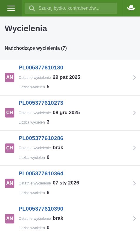Lista nadchodzących wycieleń: numer kolczyka, data ostatniego wycielenia, liczba wycieleń