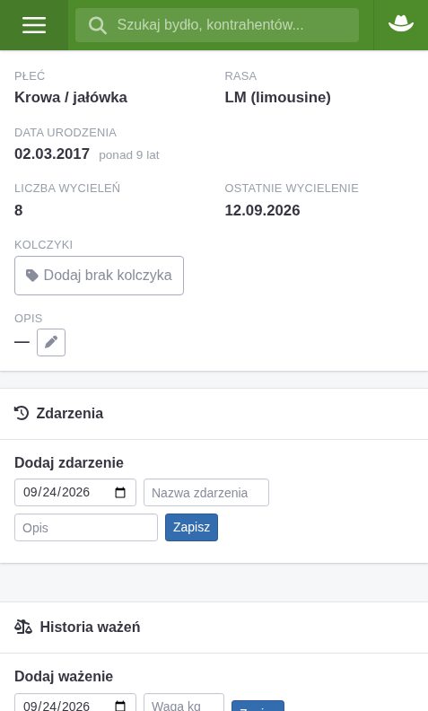 Karta krowy: liczba wycieleń i data ostatniego wycielenia