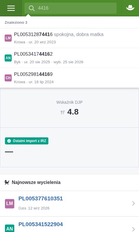Wyniki wyszukiwania po cyfrach 4416: trzy sztuki z płcią, datą urodzenia i opisem