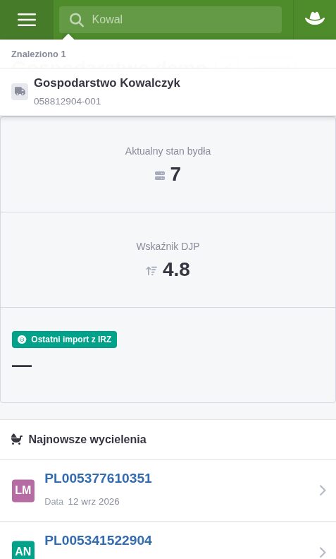 Wyszukiwanie po fragmencie nazwy „Kowal” znajduje kontrahenta
