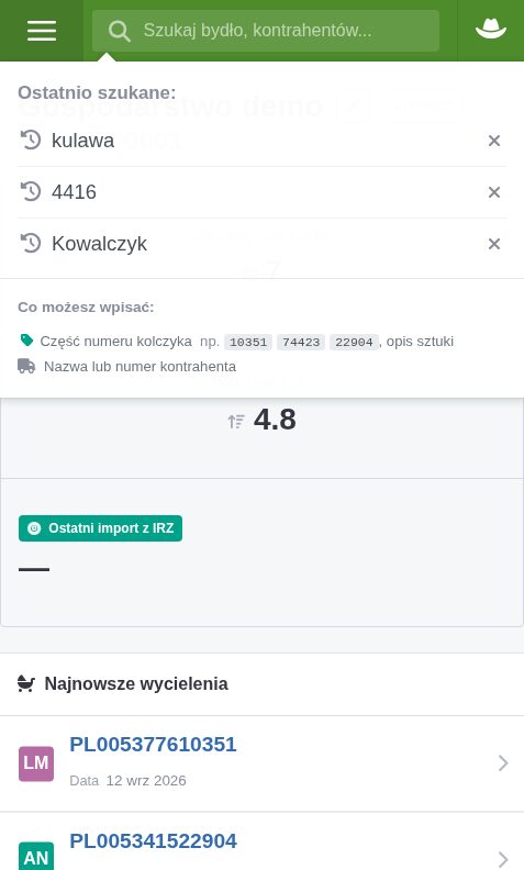 Lista ostatnio szukanych fraz z przyciskiem usuwania i podpowiedziami, co można wpisać
